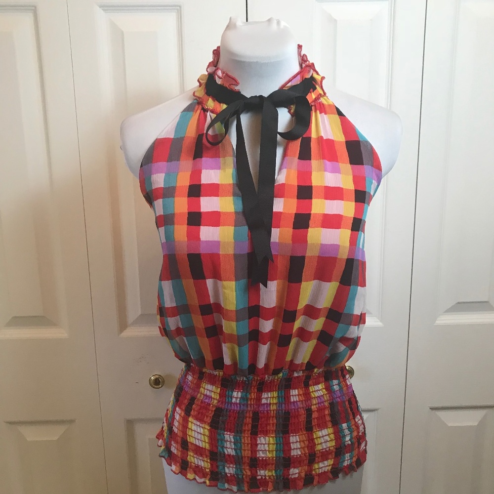 Sydney Joy Colorful Check Ruffle Neck Top sz S